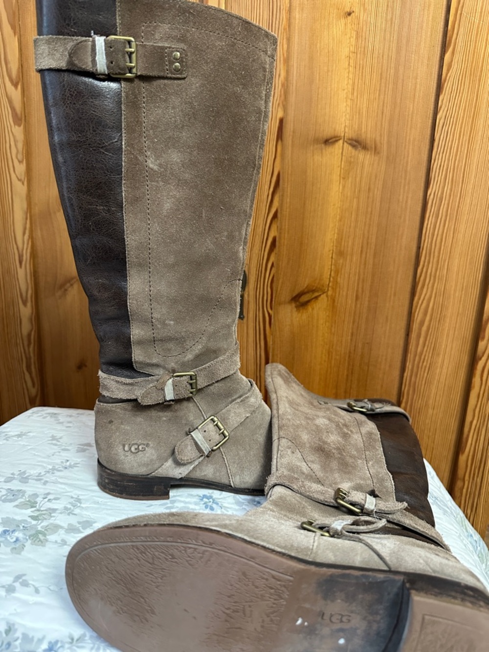 UGG Two-Tone Taupe and Dark Brown Suede Leather Knee Boots